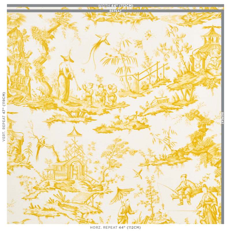 Yellow toile-style wallpaper featuring Chinese landscape scenes on cream background; decorative roll for walls.