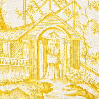 Yellow illustration of a shrine with arched doorway, robed figure at entrance, & tropical palm trees in a garden setting.