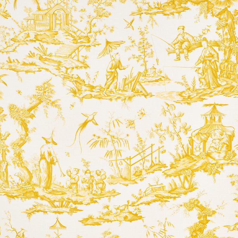 Decorative yellow toile print on cream with pastoral villagers, gazebo, river; ideal for upholstery, drapery or wallpaper.
