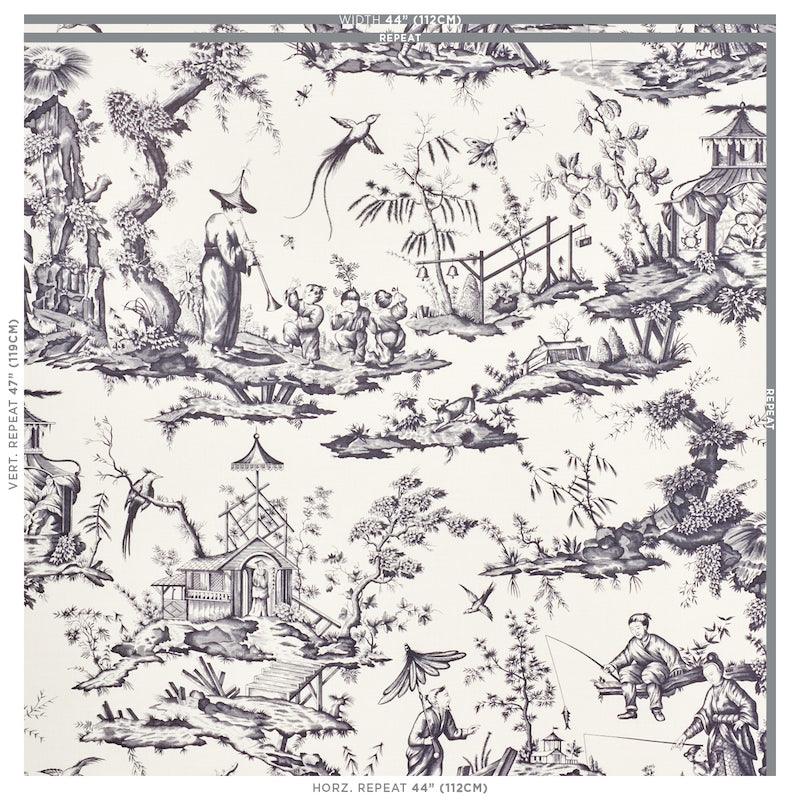 Black toile print fabric featuring chinoiserie scenes: pagodas, ponds, fishing, birds, trees, and bridges.