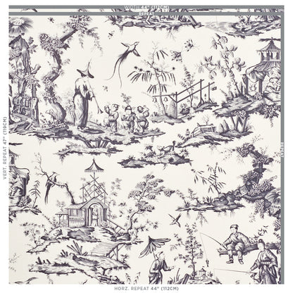 Black toile print fabric featuring chinoiserie scenes: pagodas, ponds, fishing, birds, trees, and bridges.