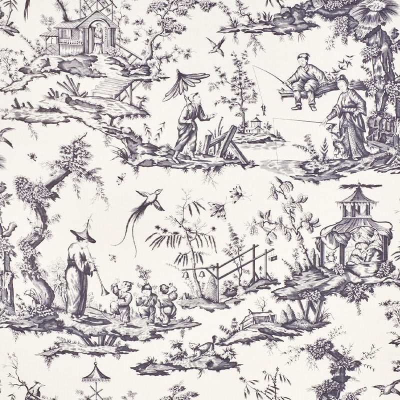 Blue and white chinoiserie wallpaper pattern featuring pagodas, bridges, fishermen, villagers and birds among trees.
