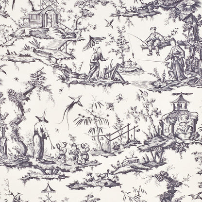 Blue and white chinoiserie wallpaper pattern featuring pagodas, bridges, fishermen, villagers and birds among trees.