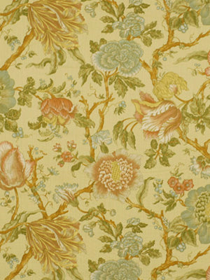 Drapery with a vintage floral tapestry pattern in cream with yellow, pink, blue blossoms and green leaves; soft fabric style.