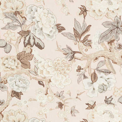 Soft pink floral damask fabric pattern with ivory blossoms, taupe leaves, and subtle gray-green accents.