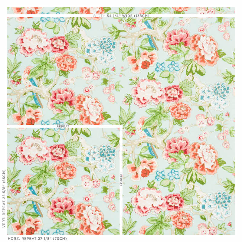 Pastel floral fabric with pale blue background, pink, coral and blue blooms, green leaves and blue birds in a repeating garden motif.