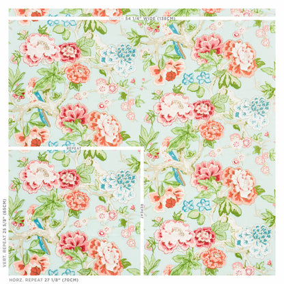 Pastel floral fabric with pale blue background, pink, coral and blue blooms, green leaves and blue birds in a repeating garden motif.