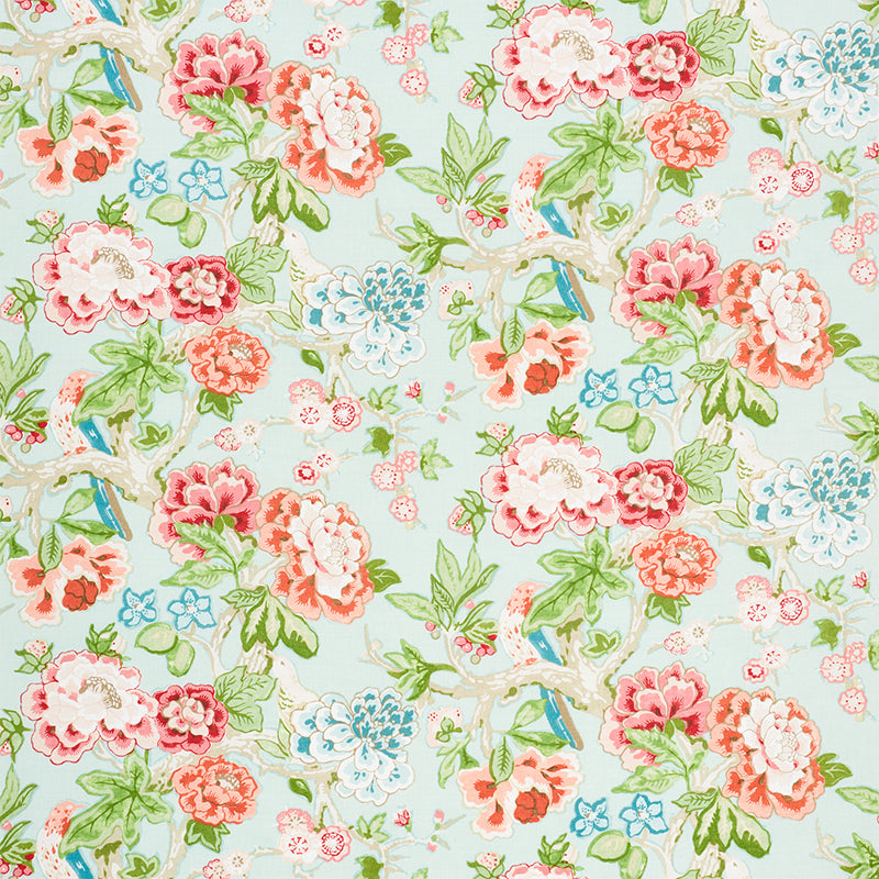 Pastel blue floral fabric with pink, red and blue blossoms and green leaves.