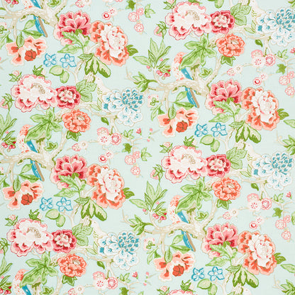 Pastel blue floral fabric with pink, red and blue blossoms and green leaves.