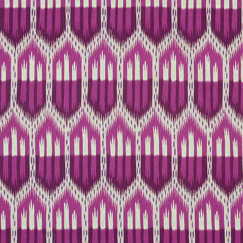 Purple and white ikat-style geometric textile with repeating diamond motifs.