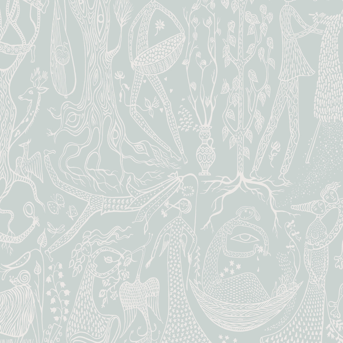 Soft blue wallpaper with white line-drawn whimsical forest scene featuring trees, animals and fantastical figures.