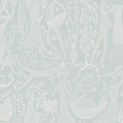 Soft blue wallpaper with white line-drawn whimsical forest scene featuring trees, animals and fantastical figures.