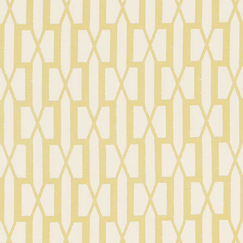Cream background with pale yellow geometric lattice of vertical rectangles & X-shapes; upholstery fabric.