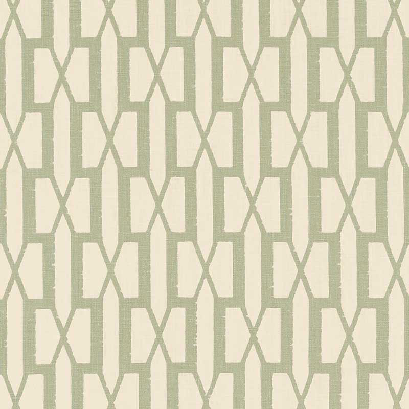 Sage green and ivory geometric lattice print pattern with interlocking rectangles, mid-century modern style