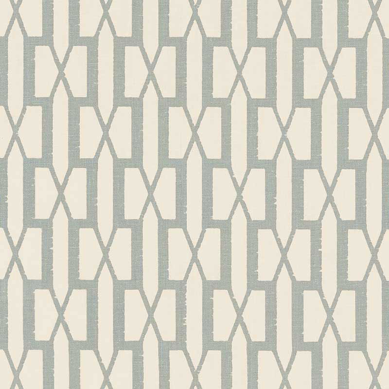 Soft blue-gray interlocking X lattice on cream with a subtle textured weave; modern geometric wallpaper or fabric print.