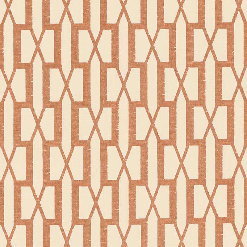 Terracotta and cream geometric lattice with interlocking rectangles and X shapes; retro wallpaper style.