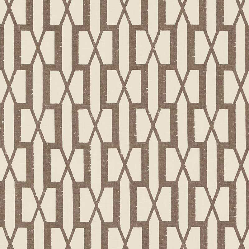 Beige wallpaper with a brown interlocking rectangular lattice and X-shaped diagonals in a geometric pattern.