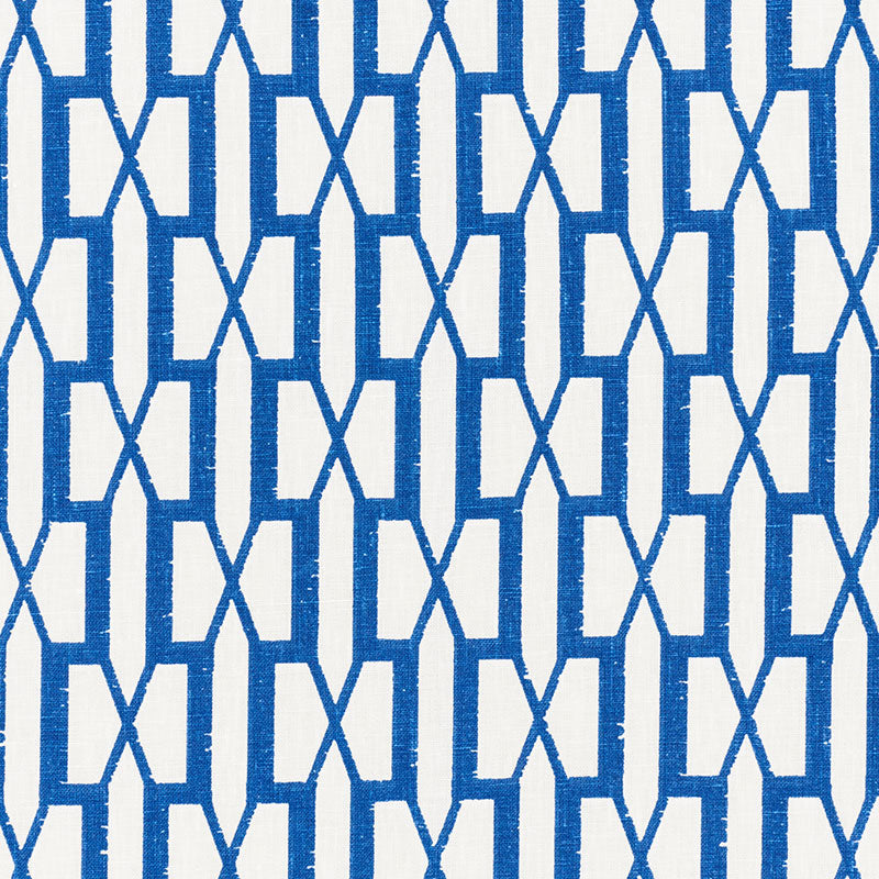 Blue geometric lattice pattern on white wallpaper, with repeating X-shaped blocks.