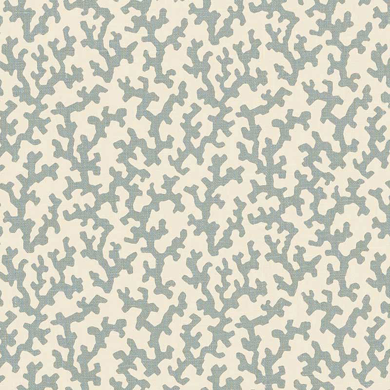 Beige fabric with soft blue-gray coral-pattern print; organic branching shapes for coastal décor or upholstery.
