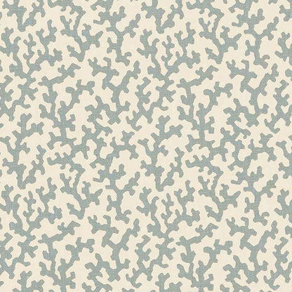 Beige fabric with soft blue-gray coral-pattern print; organic branching shapes for coastal décor or upholstery.
