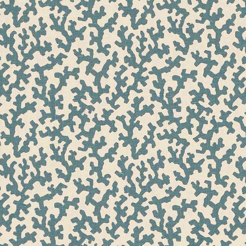 Teal coral-like branch pattern on cream background; repeating organic print for fabric or wallpaper.
