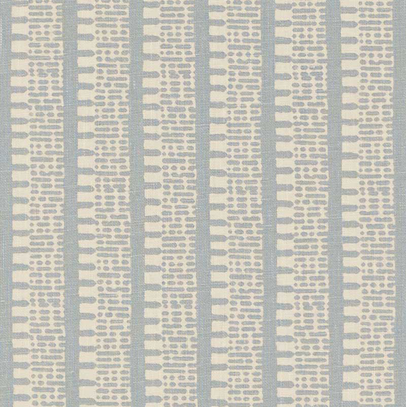 Light blue and cream woven fabric with vertical striped pattern of dotted motifs; suitable for curtains or upholstery.