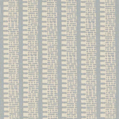 Light blue and cream woven fabric with vertical striped pattern of dotted motifs; suitable for curtains or upholstery.