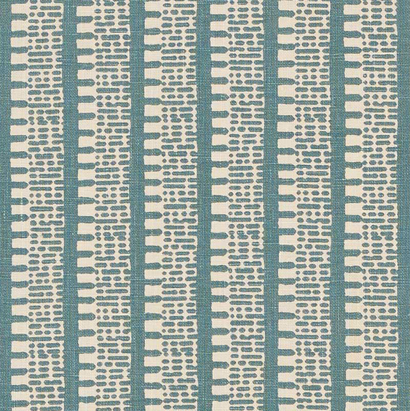 Teal woven fabric with vertical white dotted stripe motifs, a geometric pattern for upholstery or drapes.