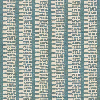 Teal woven fabric with vertical white dotted stripe motifs, a geometric pattern for upholstery or drapes.