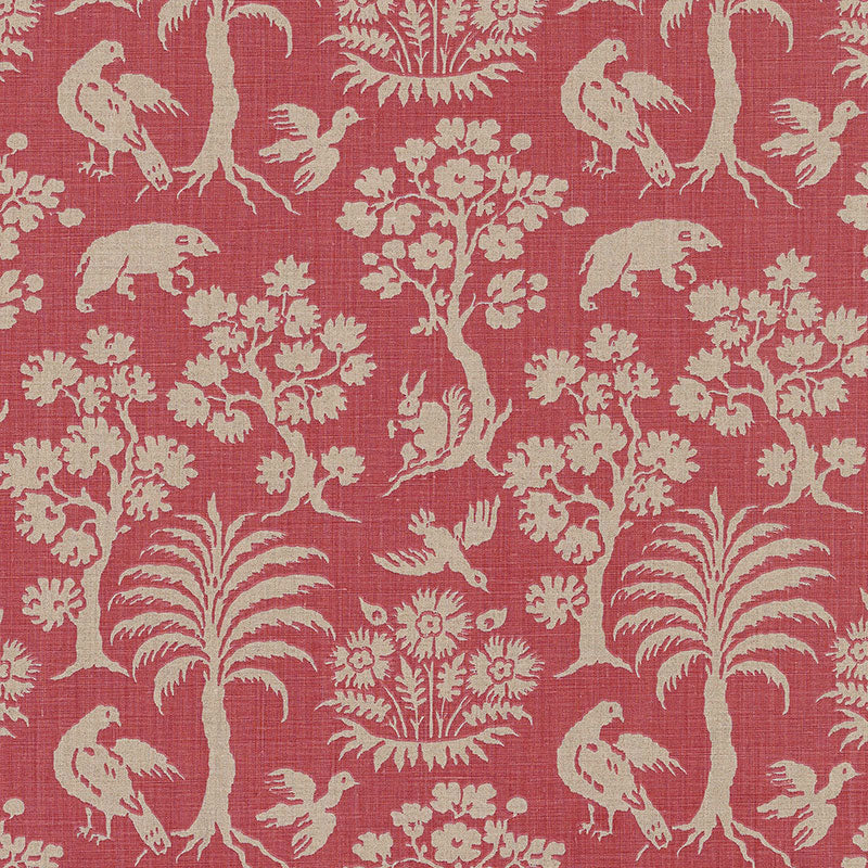 Red fabric with ivory toile pattern featuring birds, trees and flowers; classic upholstery/drapery textile.