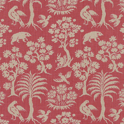 Red fabric with ivory toile pattern featuring birds, trees and flowers; classic upholstery/drapery textile.