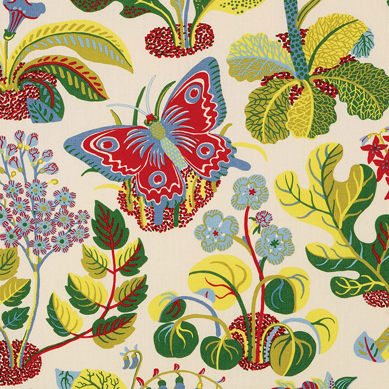 Bright botanical fabric print featuring a red and blue butterfly among yellow and green tropical leaves and flowers.