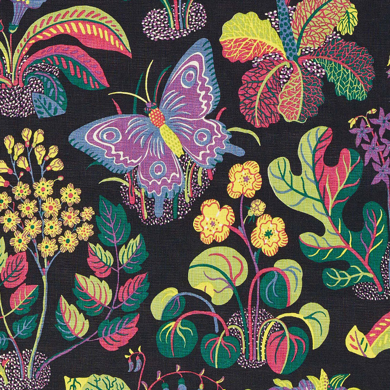 Vivid tropical fabric print featuring a purple butterfly among colorful leaves and flowers on a black background.