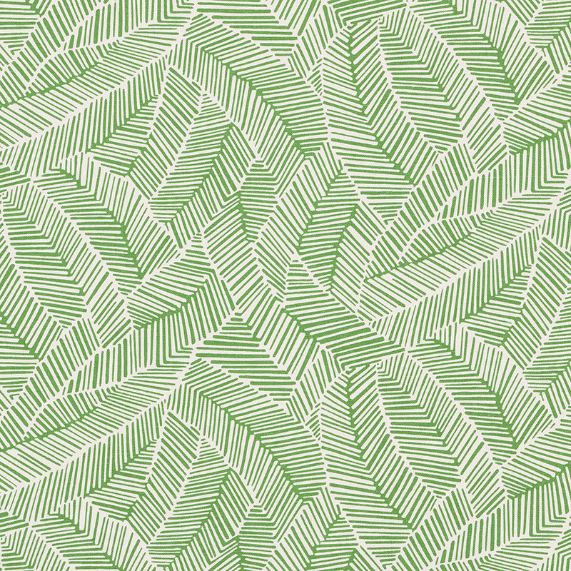 Green palm leaf pattern with overlapping linear fronds on a light background; tropical botanical print fabric or wallpaper