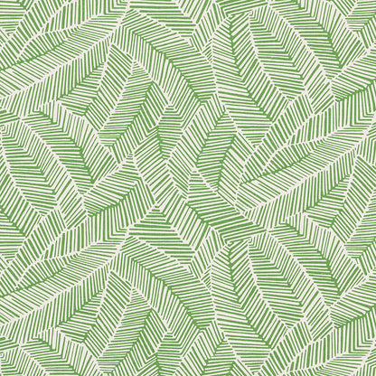 Green palm leaf pattern with overlapping linear fronds on a light background; tropical botanical print fabric or wallpaper