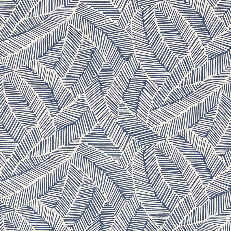 Navy and white palm-leaf chevron pattern with repeating geometric fronds—bold fabric or wallpaper print.