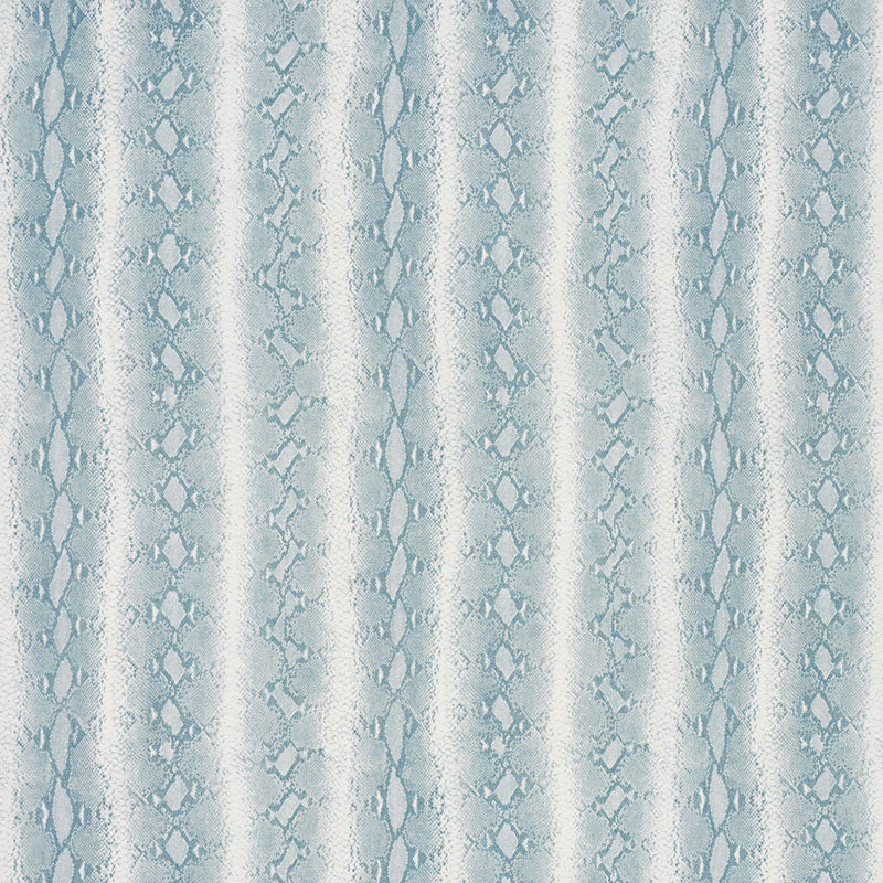 Blue snakeskin pattern fabric with vertical light blue stripes, textured faux reptile print for upholstery or fashion.