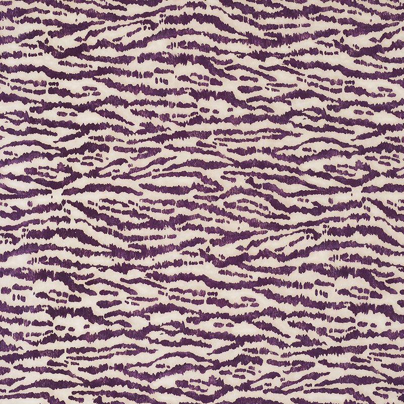 Purple zebra-print fabric on cream background; irregular wavy stripes for upholstery or fashion textile.