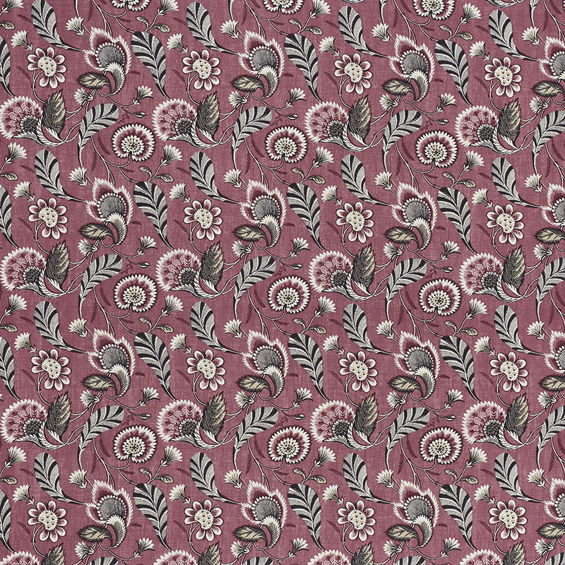 Mauve fabric featuring cream flowers and paisley botanicals with gray leaves; floral textile print.