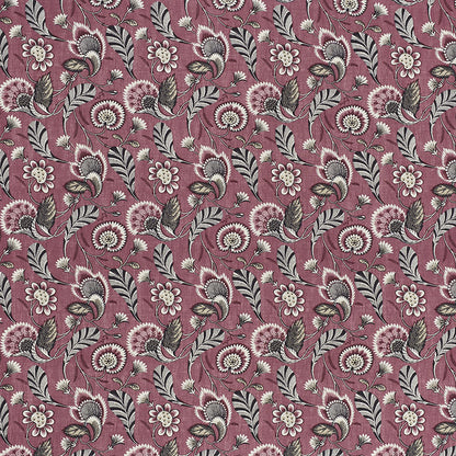 Mauve fabric featuring cream flowers and paisley botanicals with gray leaves; floral textile print.