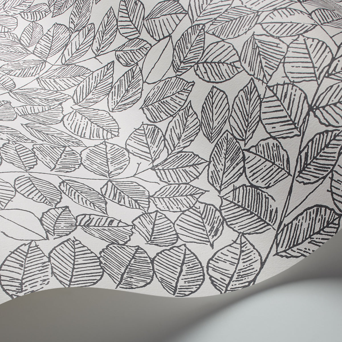 Monochrome leaf pattern with hand-drawn black outlines on light gray background; nature-inspired wallpaper/fabric design.