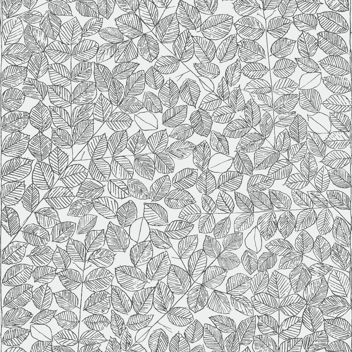 Grey botanical leaf pattern wallpaper with intricate line drawings on a light background.