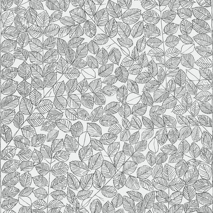 Grey botanical leaf pattern wallpaper with intricate line drawings on a light background.
