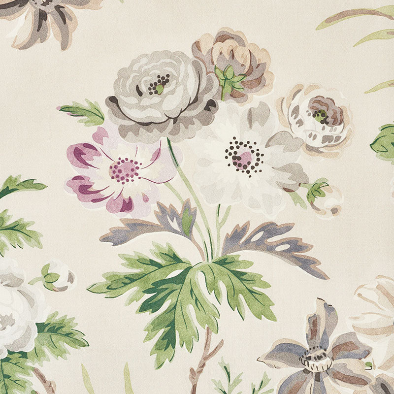 Pastel floral pattern on beige background with large white, pink and lilac blooms and green leaves.