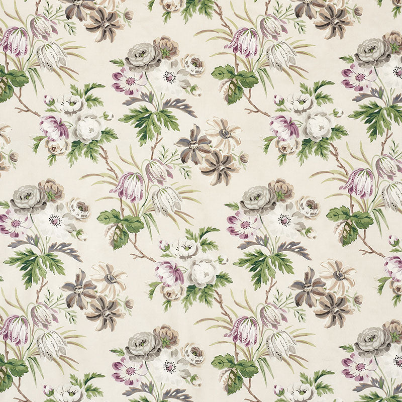 Beige floral fabric print with vintage botanical motifs in pink, green, cream and taupe.