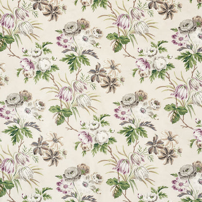 Beige floral fabric print with vintage botanical motifs in pink, green, cream and taupe.