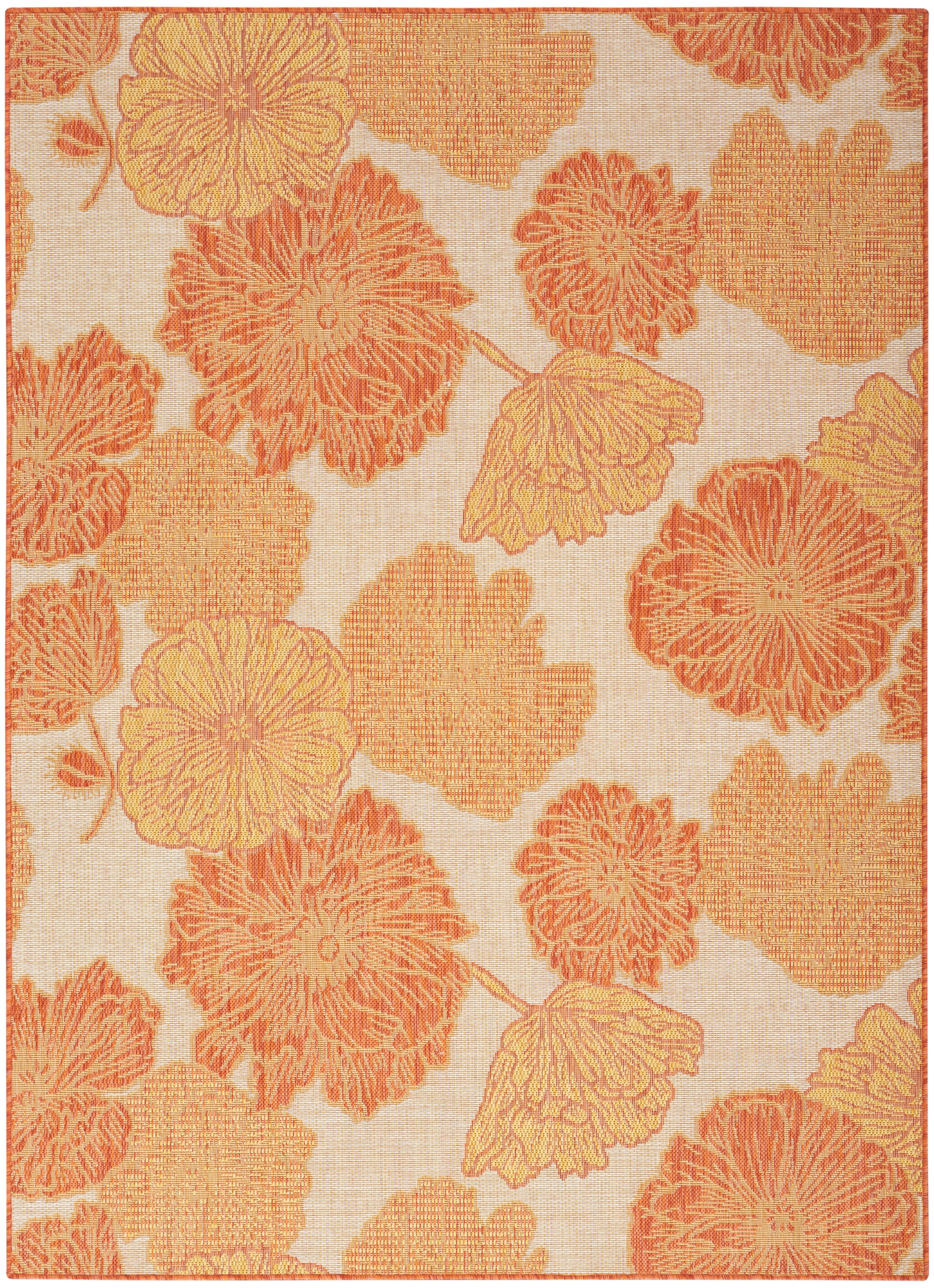 Cream textile with large orange and yellow chrysanthemum floral print.