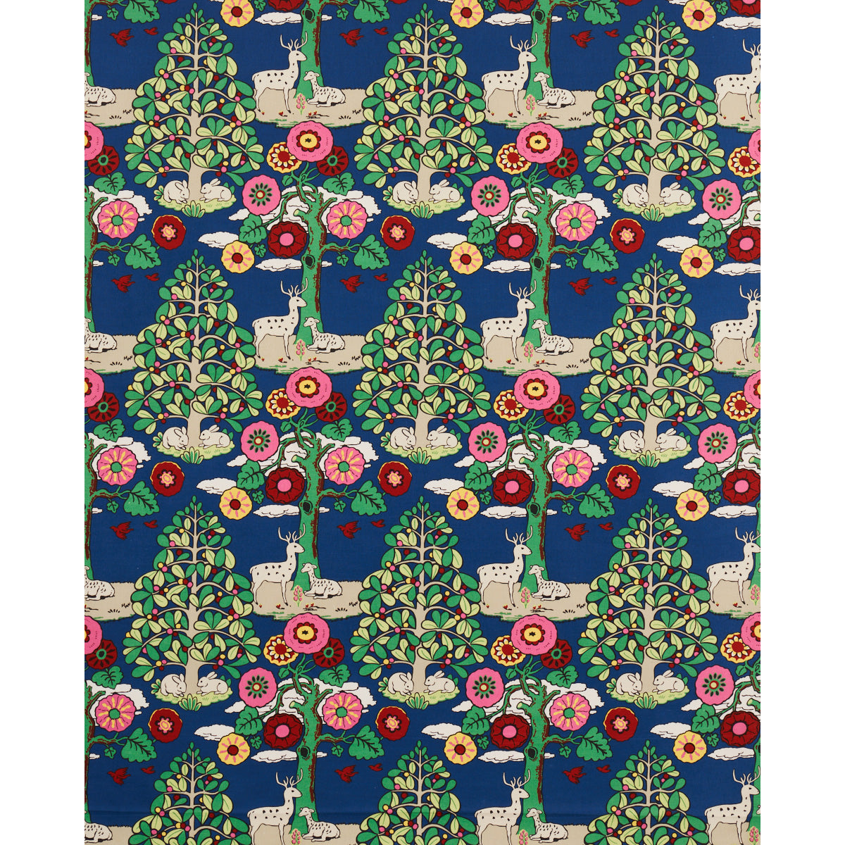 Fantasy forest print on dark blue background with white deer, green trees, and pink/yellow flowers; ideal for fabric.