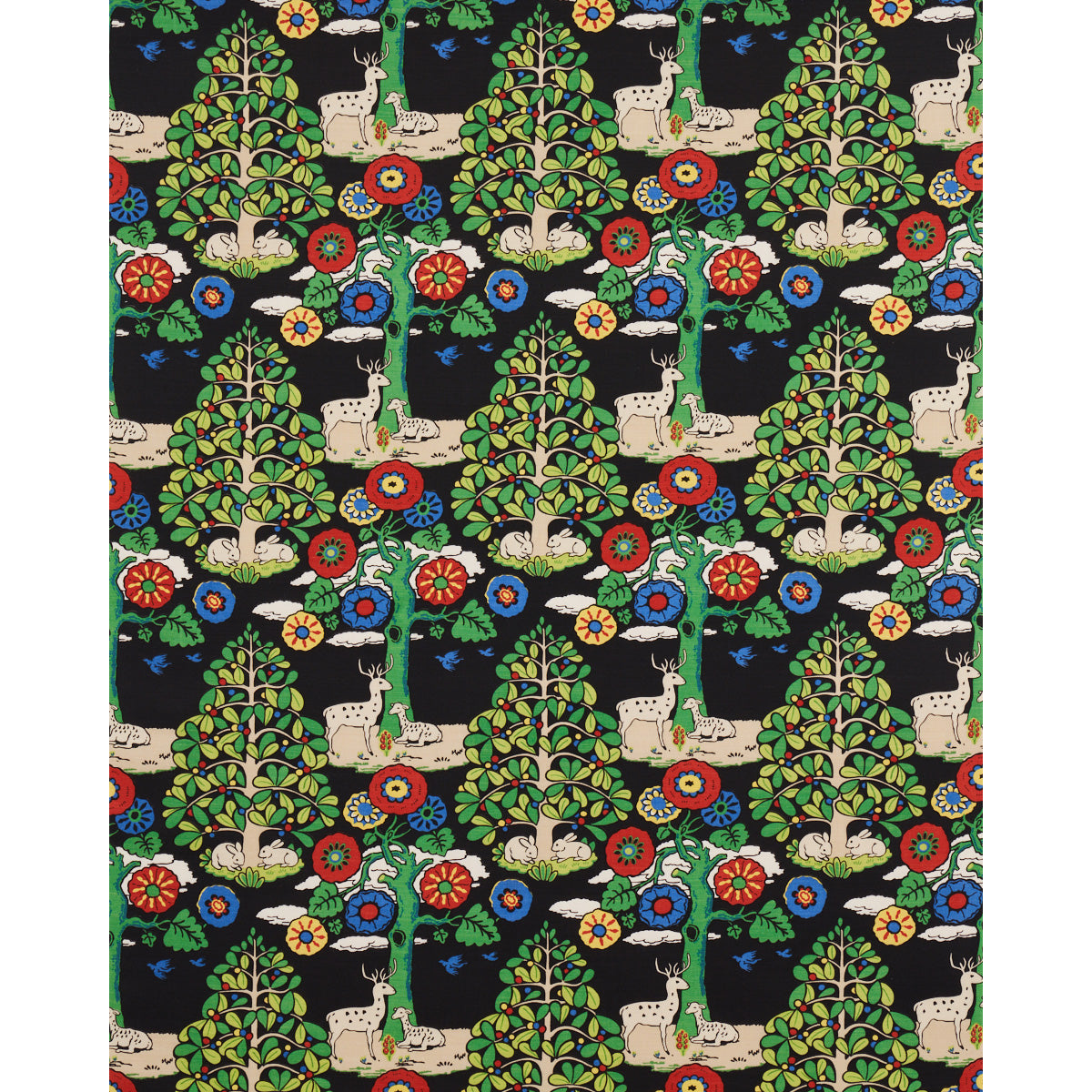 Colorful woodland embroidery pattern with stylized green trees, red/blue/yellow flowers, and beige deer on black background.
