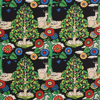 Black fabric with whimsical woodland print: green trees, beige deer and rabbits, and colorful red, blue, yellow flowers.